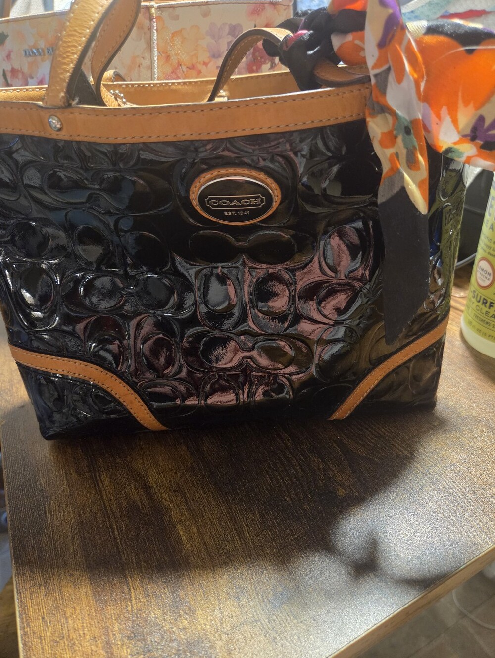 Coach Black Patent Leather Tote with Tan Trim and Scarf Accent